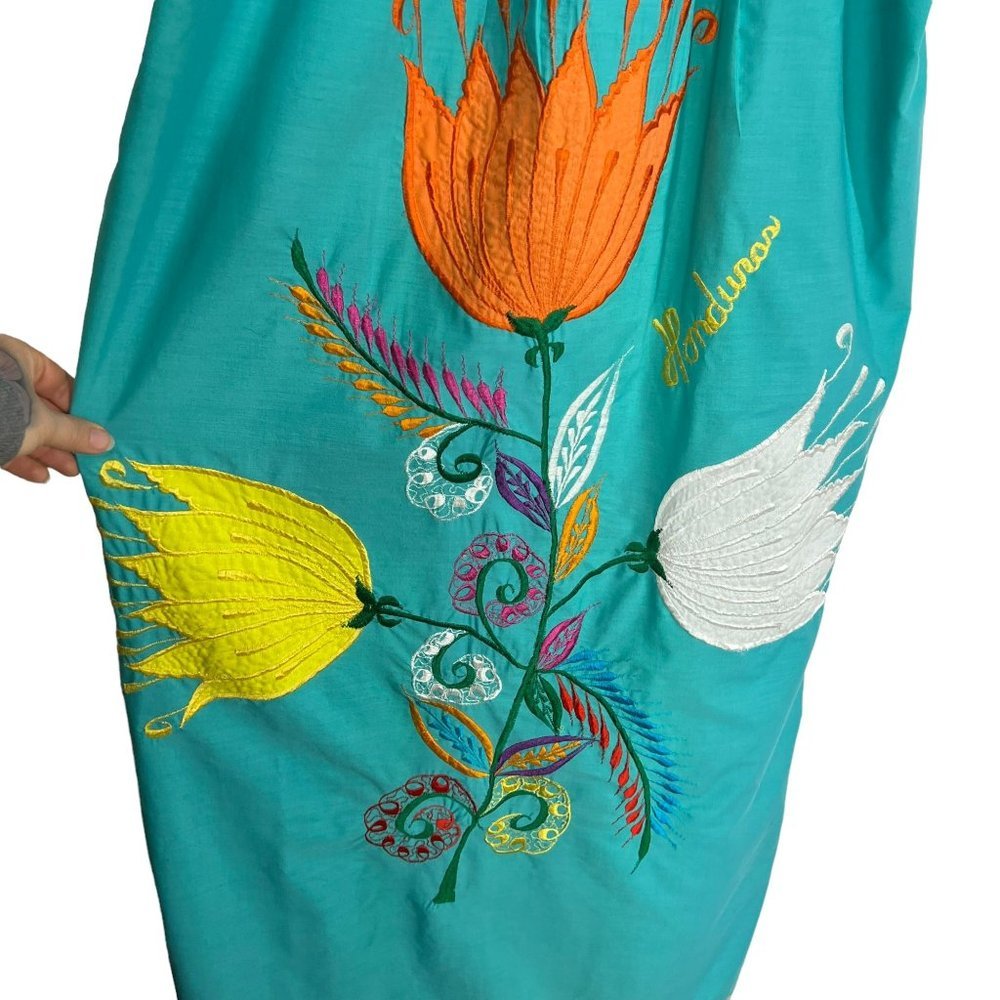 Teal Embroidered Short Sleeve Embroidered Honduras Mumu Medium - Picture 3 of 7